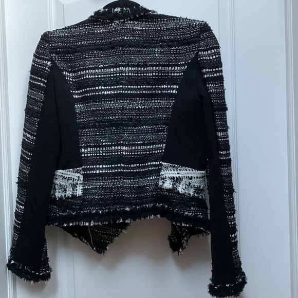 Mcginn Black White Tweed Boucle Metallic Moto Crop Fray Raw Edge Blazer Jacket - Picture 6 of 16